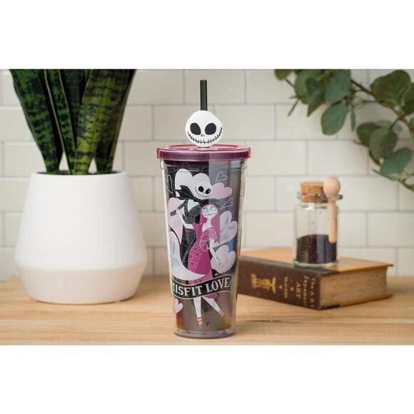 Christmas Misfit Love Featuring Jack and Sally Plastic Cold Cup with Lid - Picture 1 of 4